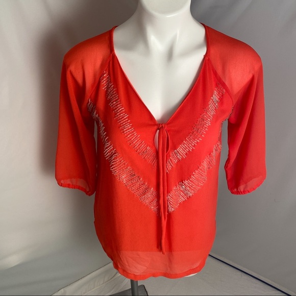 BKE coral beaded layered three quarter sleeve v-neck blouse - Picture 1 of 10